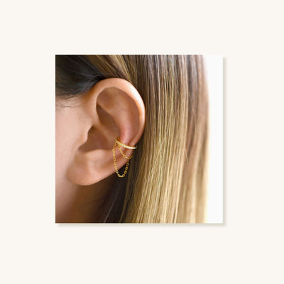 925 SILVER CZ DANGLING CHAIN EAR CUFF AND HOOP EARRING EACH