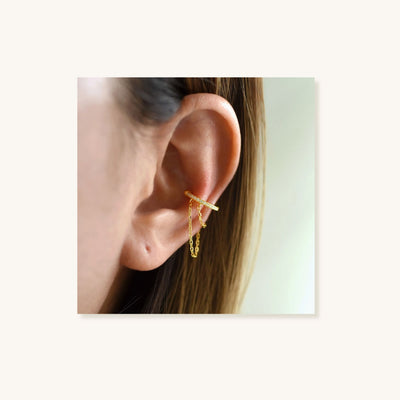 925 SILVER CZ DANGLING CHAIN EAR CUFF AND HOOP EARRING EACH