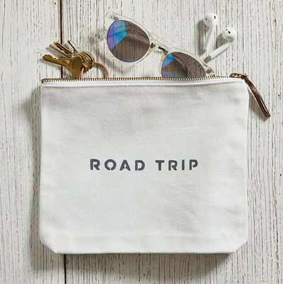 CANVAS ZIP POUCH ROAD TRIP WHITE 7.5" W x 9" H