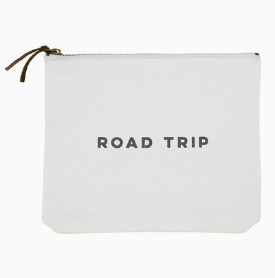 CANVAS ZIP POUCH ROAD TRIP WHITE 7.5" W x 9" H