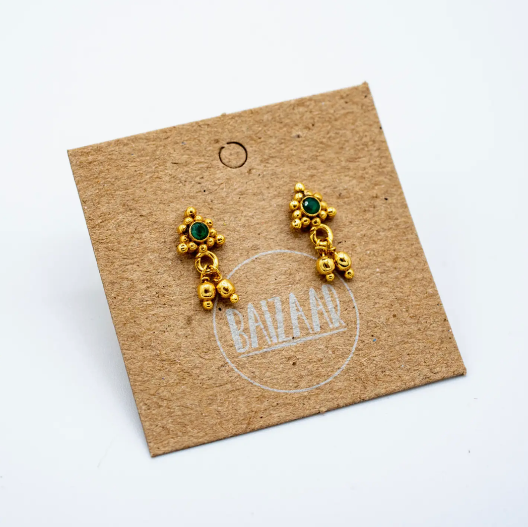 BRASS EMERALD DANGLE STUD EARRING