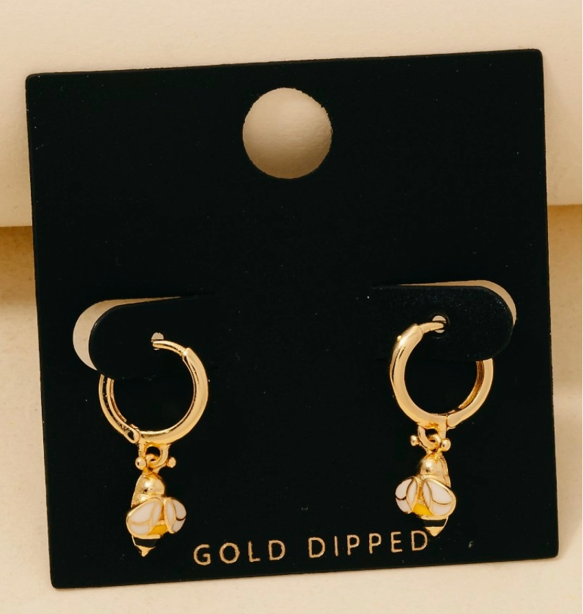 GOLD DIPPED EPOXY BEE CHARM HOOP EARRINGS PAIR