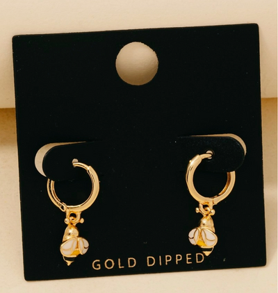 GOLD DIPPED EPOXY BEE CHARM HOOP EARRINGS PAIR