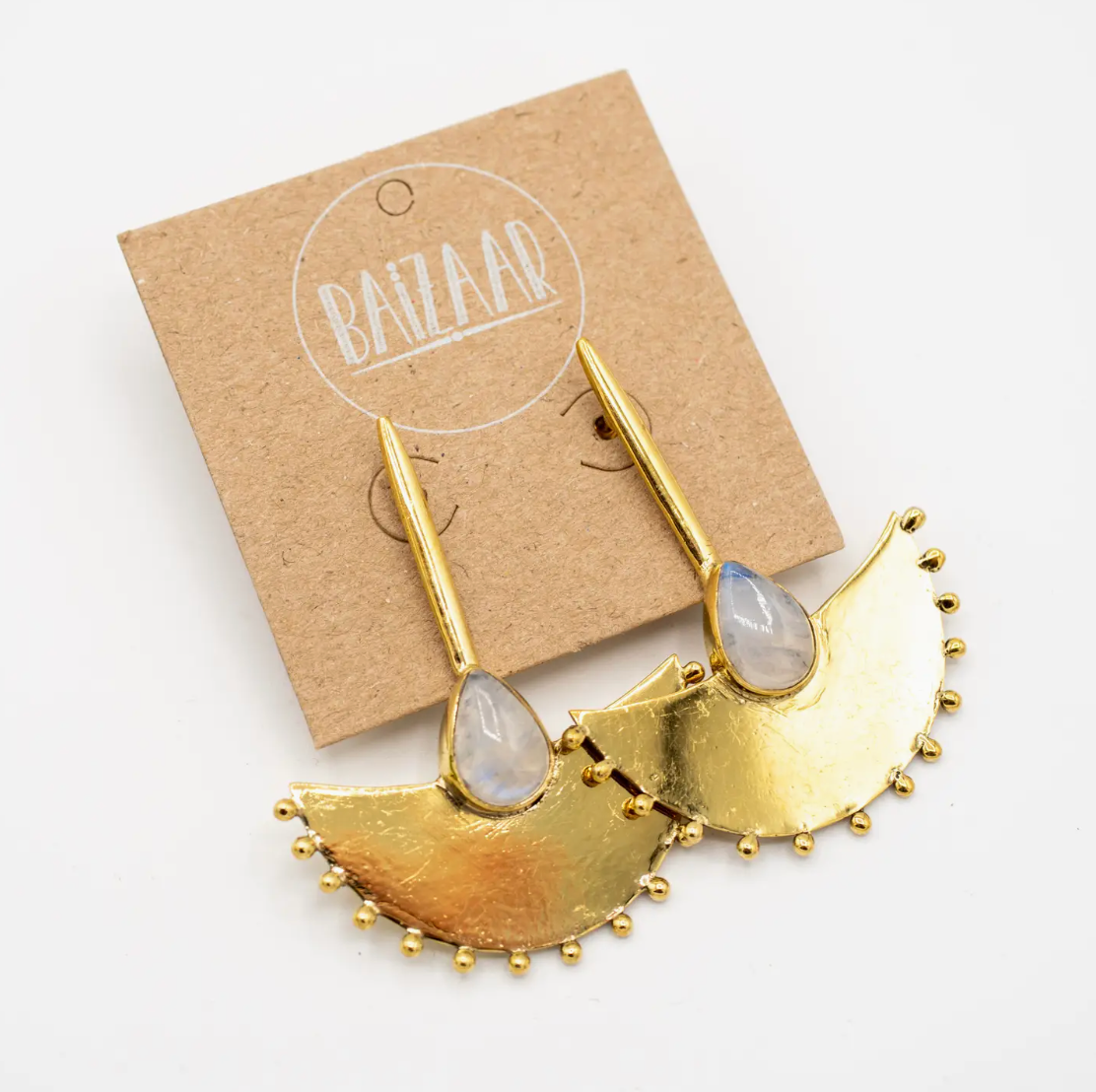 BRASS MOONSTONE FAN EARRINGS