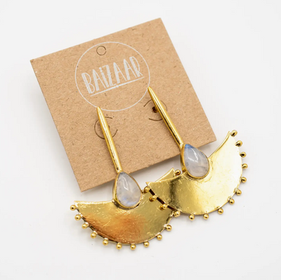 BRASS MOONSTONE FAN EARRINGS