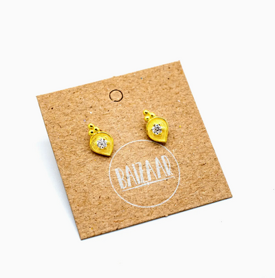 GOLD PLATED BRASS CRYSTAL LEAF STUD