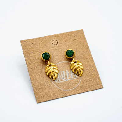 BRASS EMERALD LEAF STUD