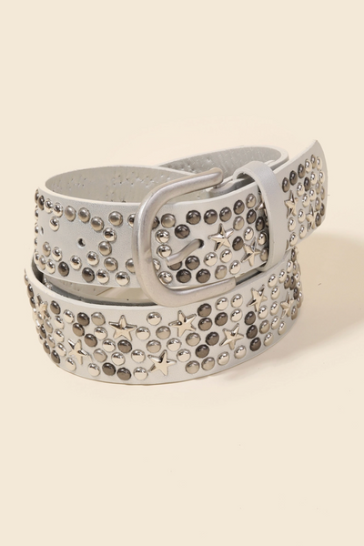 METALLIC STARS AND STUD FAUX LEATHER BELT