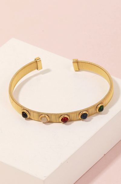 STAINLESS STEEL RIBBED GEM CUFF BRACELET