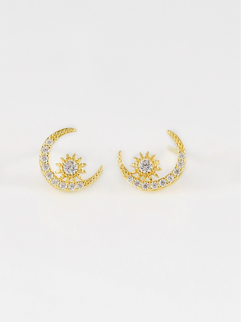 925 SILVER CRESCENT MOON STAR CZ STUD EARRINGS